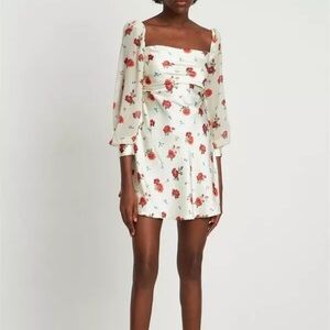 WEWOREWHAT Red Floral Satin Puff Sleeve Mini Dress